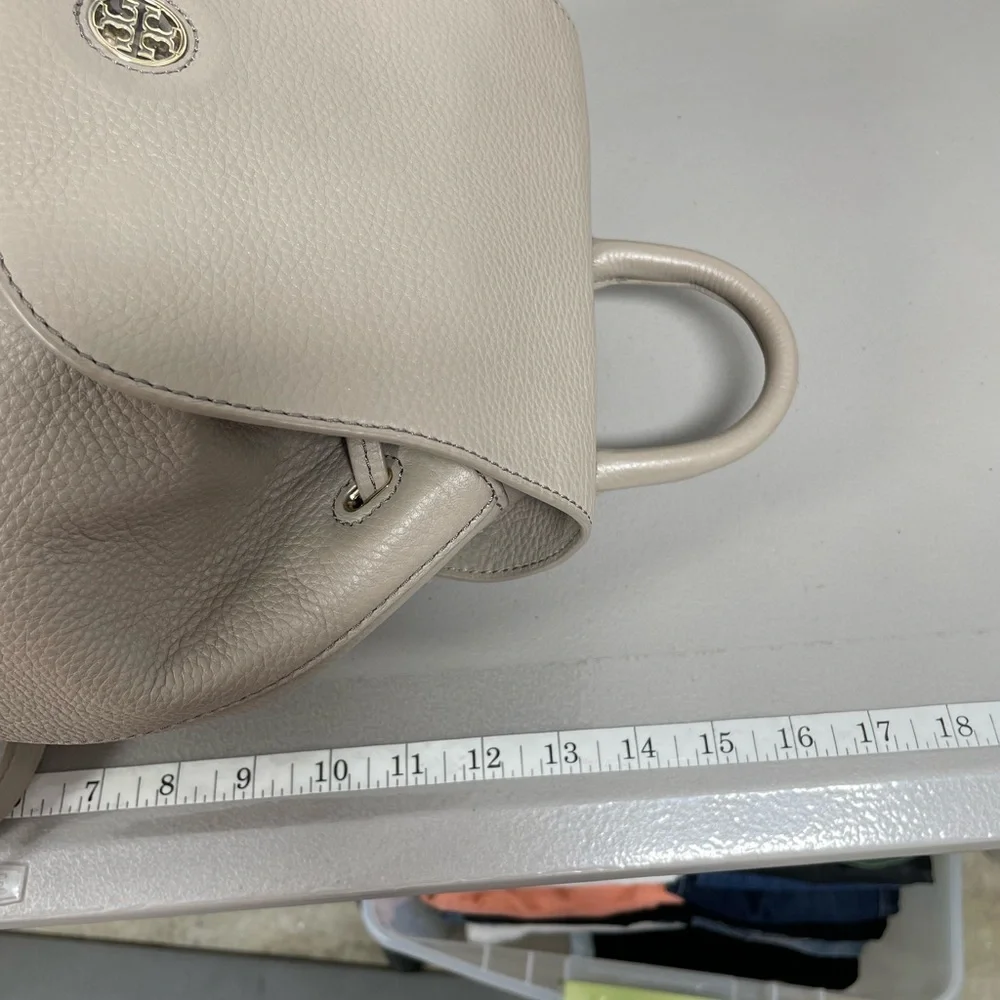 TORY BURCH Backpack Taupe Brown Leather Flap Top Drawstring Adjustable Straps